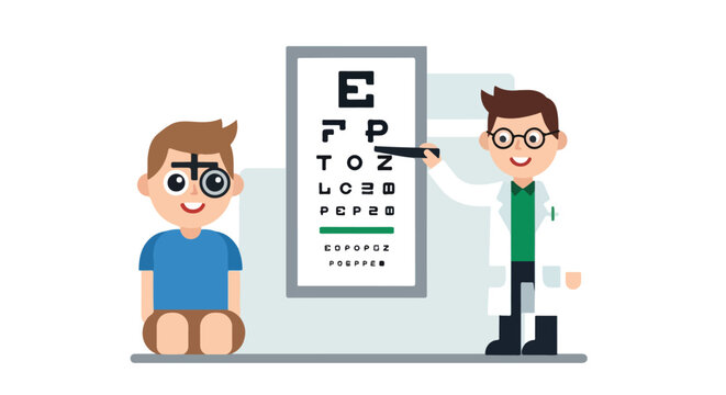 This vector illustration shows a young boy having his vision tested by a friendly eye doctor using a professional Snellen chart.