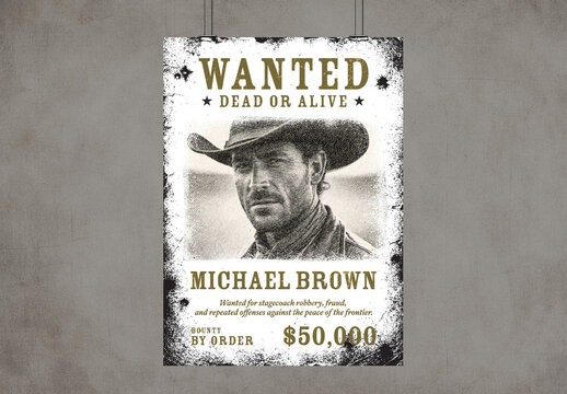 Old West Wanted Poster Template, Vintage Western Bounty Flyer, Sheriff Reward Notice Design