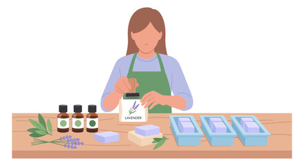Fototapeta premium Woman making homemade lavender soap with essential oils and herbs