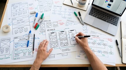 Naklejka premium Ux designer mobile app wireframe flowchart on paper at a desk with laptop and markers