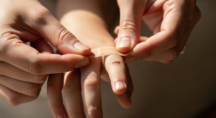 Fototapeta premium Close-up photograph of hands pressing and crimping dough into a pie crust with fingertips in a warm kitchen.