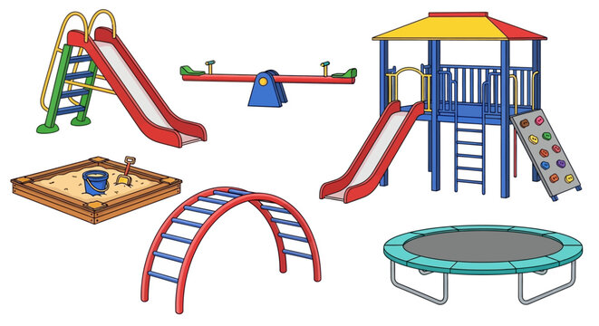 Playground equipment, kids' playset, outdoor recreation, colorful illustration, 6 icons