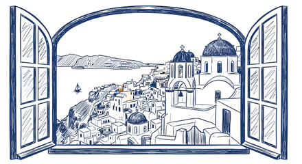 Greece, Santorini, architectural, vector illustration, blue and white buildings, scenic view, travel, tourism, landmark, cityscape © Sydney