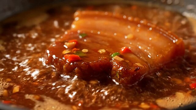 Close-up of a piece of meat in a savory brown sauce with spices in a pan.