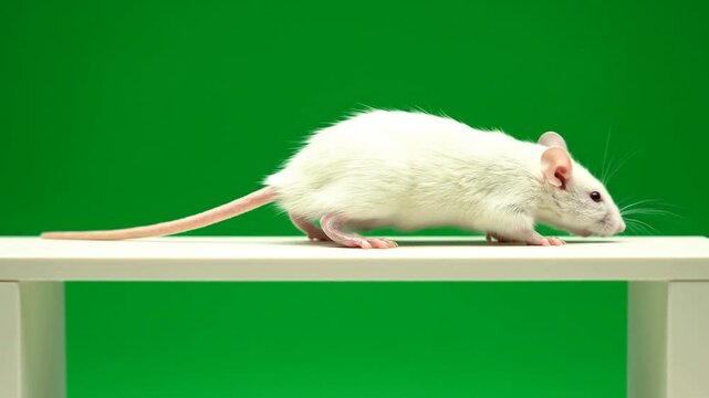 Close-Up of a White Laboratory Mouse Stepping on a Smooth Surface Against a Vibrant Green Screen Background for Scientific Research and Educational Use