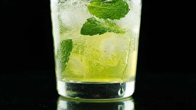 Refreshing minty drink in a clear glass with ice cubes