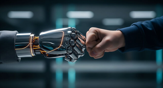 Futuristic robot and human hand making fist bump in high tech laboratory
