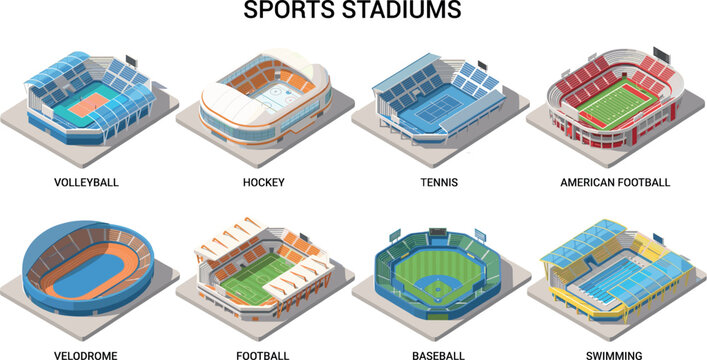 Set of isometric sports stadiums including volleyball hockey tennis american football baseball and swimming arenas vector illustration