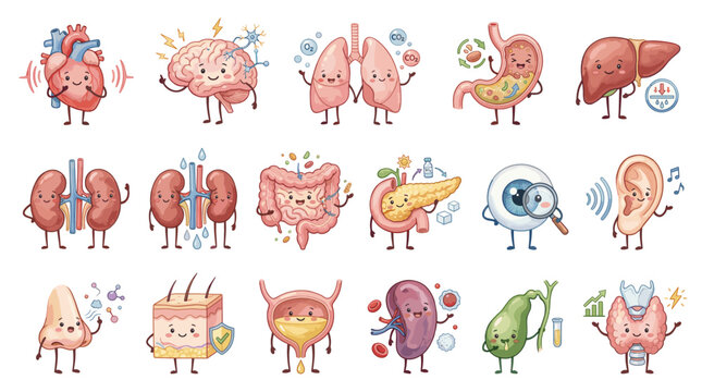 Cute cartoon human organs set with heart, brain, lungs, liver, kidneys, stomach, intestine and senses icons isolated on white background