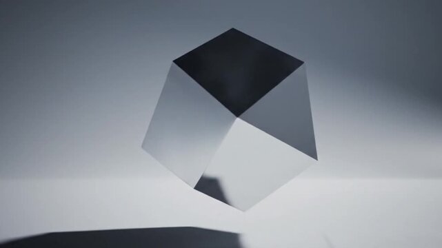 Abstract geometric shape with sharp edges and reflective metallic surface floating in a minimalist studio environment