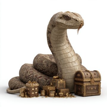 Guardian of Riches: A majestic snake coils protectively around a hoard of treasure chests and gold coins, its scales shimmering with ancient mystery.