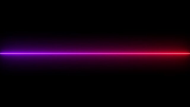 Horizontal glowing neon laser line with vibrant pink and purple light beams isolated on a dark black background for abstract digital design elements