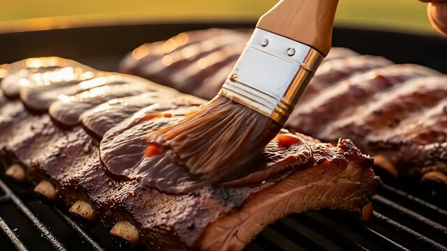 Ribs on a grill being brushed with barbecue sauce, close-up view in golden evening light