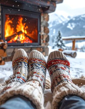 A person's feet in patterned socks by a fireplace