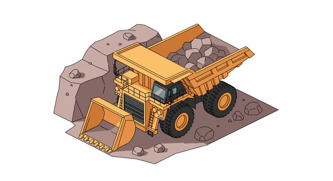 Isometric mining dump truck loading rocks in quarry.