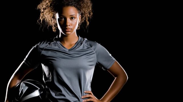 Confident athletic female soccer player in gray jersey holding ball with hand on hip, intense focused expression against black background