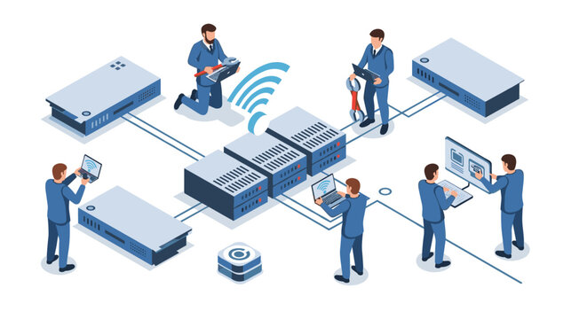 IT professionals working on server maintenance and network setup.