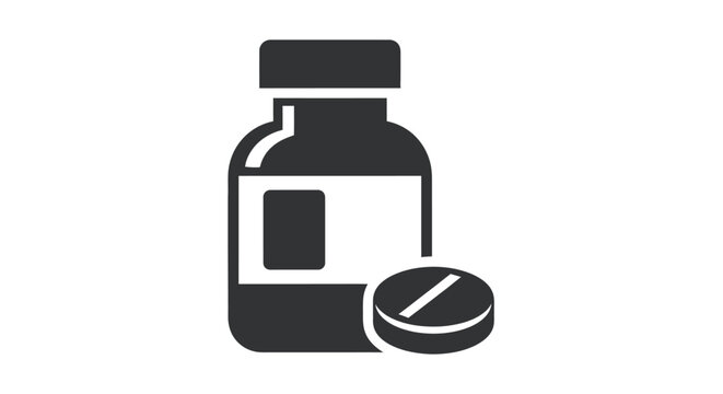 Minimalist icon design featuring a simple medical pill bottle standing beside a single circular tablet