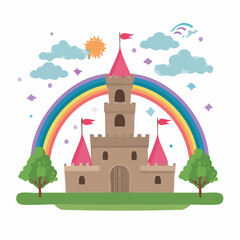 Naklejka premium Fairy Tale Castle with Rainbow and Sun
