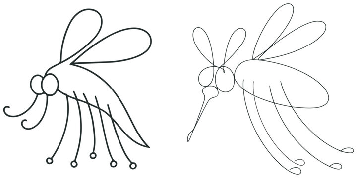 Minimalist mosquito line art set of flying insect icons.