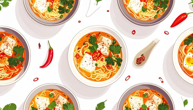Traditional Asian noodle soup bowls in seamless pattern top view flat lay illustration