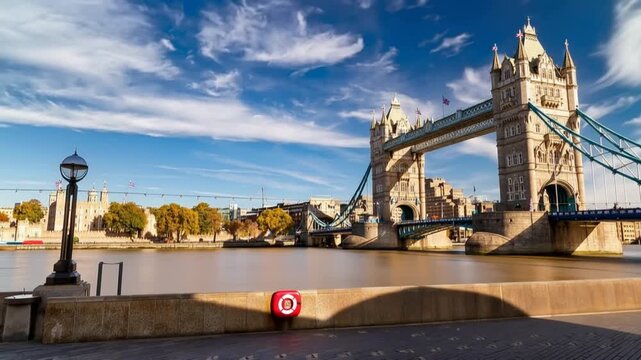 Tower Bridge in London, UK, United Kingdom. Time lapse. People walking.