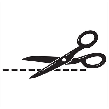 Black and white illustration of a pair of scissors cutting a dotted line