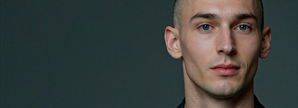 Close up of man's blue eyes and lips on gray background