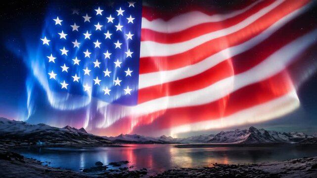 American flag blended with northern lights above mountain landscape, symbolizing patriotism, national celebration, travel inspiration, and cultural identity.