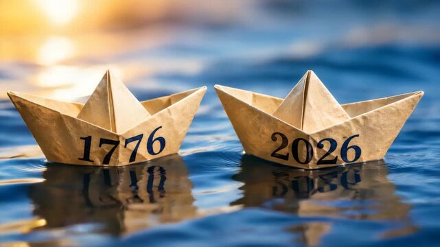 Two paper boats marked 1776 and 2026 floating on water, symbolizing American anniversary, historical legacy, national identity, and future direction.