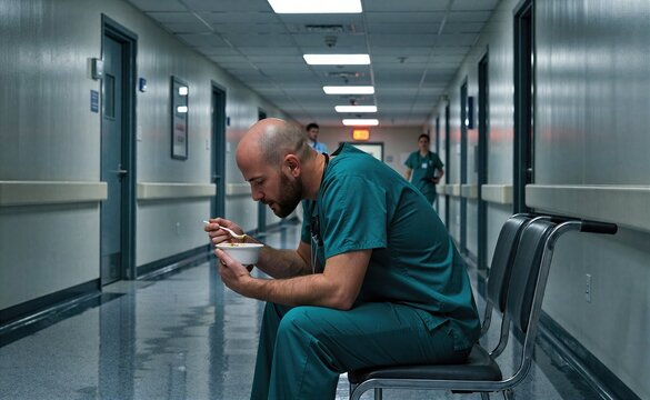 Male surgeon eating from bowl in hospital hallway
