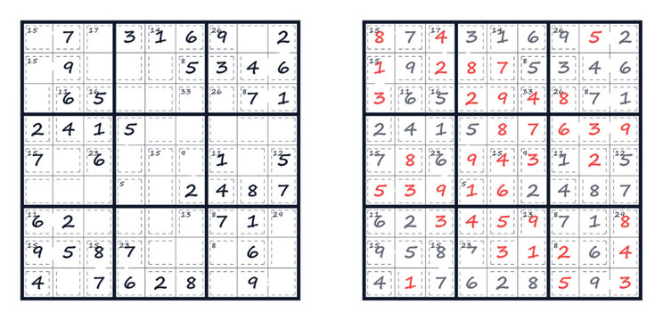 Killer Sudoku puzzle and solution set. Logic math game with numbers and cages. Vector illustration isolated on white background