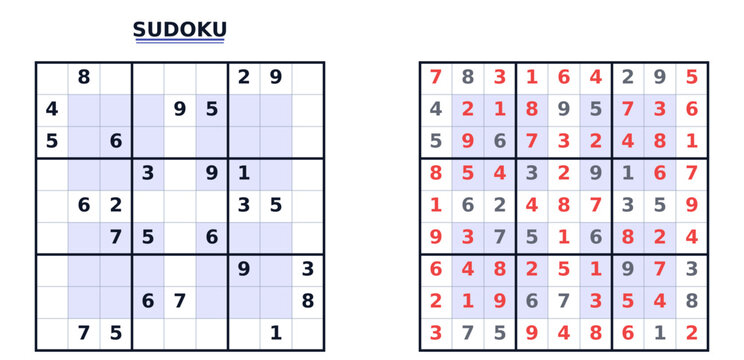 Sudoku hyper hard puzzle and solution set. 9x9 grid with shaded regions. Flat design vector illustration isolated on white background. Logic game for brain training and activity books