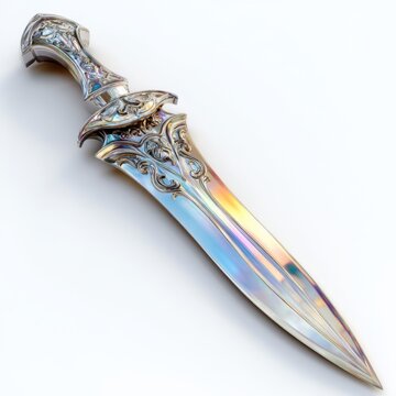 Ornate Dagger with Intricate Engravings: A highly detailed, ornamental dagger showcasing delicate filigree and polished metalwork, reflecting light with an ethereal sheen.