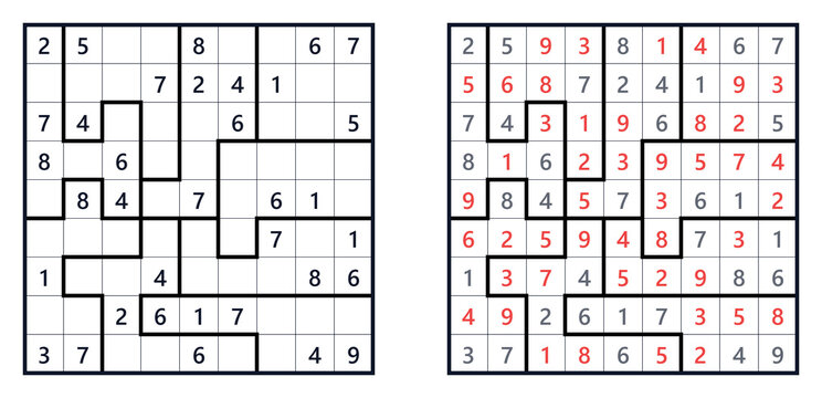 Irregular Jigsaw Sudoku puzzle and answer key. Medium difficulty geometric number grid. Printable logic brain teaser