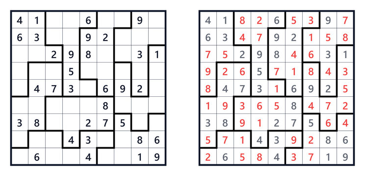 Medium Jigsaw Sudoku puzzle and answer key. Irregular logic grid game. Educational math brain teaser