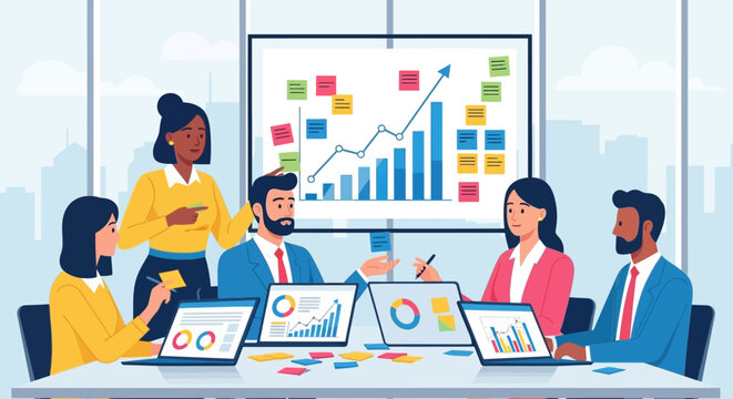 Diverse business team analyzing data charts in modern office