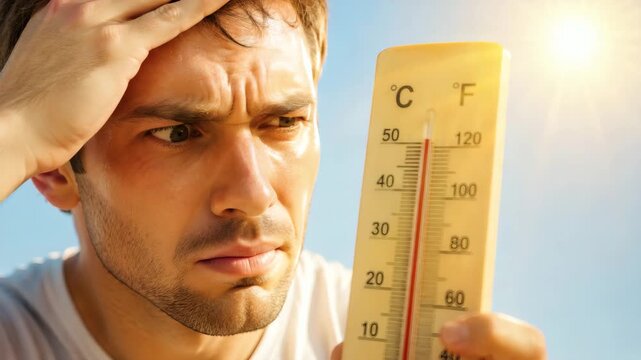 Concerned person checking thermometer during extreme heat, highlighting heatwave risks, dehydration, climate conditions, health awareness, and outdoor safety.