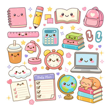 Cute Kawaii Study Elements Collection Vector Set