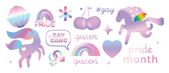 Cute Pride Month pastel rainbow unicorn, narwhal, shell, cherries, flower, heart and LGBT symbols vector set for queer celebration, stickers and greeting cards. © TWINS DESIGN STUDIO
