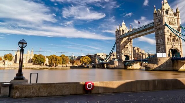 Tower Bridge in London, UK, United Kingdom. Time lapse. People walking.