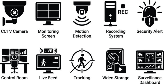 Security Surveillance Icons: CCTV, Monitoring, Alert, Control Room, Live Feed, Tracking