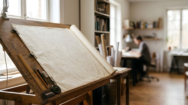 Old architectural drafting board with blank paper in a quiet study room
