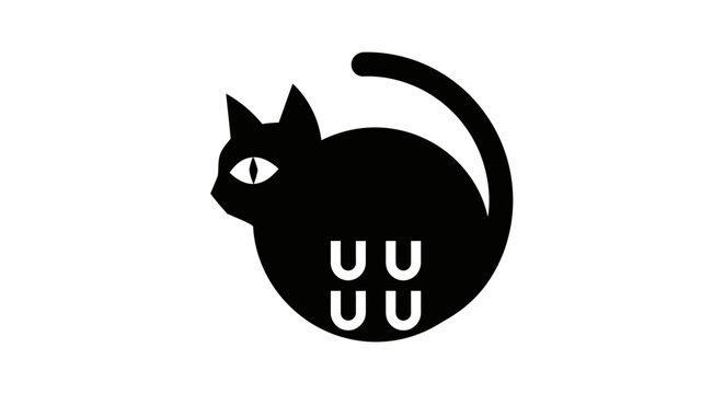 A stylized black cat icon with a single visible eye, curved tail extending to the right, and white "U" shapes below representing paws