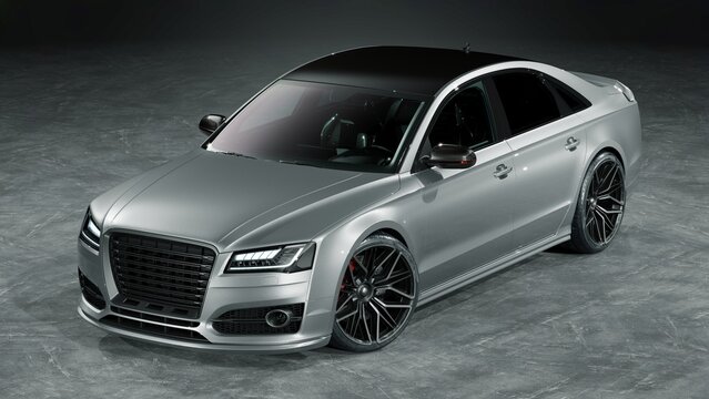 Germany &ndash; May 2026: 3D render of 2017 Audi A8 luxury sedan parked on rooftop parking area
