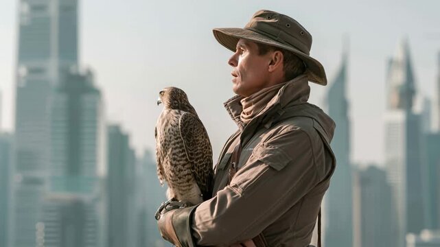 Urban falconer with trained raptor gloved hand wearing hat and jacket city rooftop sunrise with skyscraper skyline background calm focused man bird