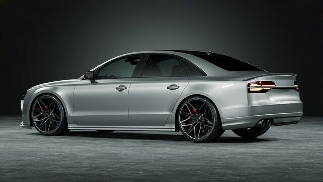 Germany &ndash; May 2026: 3D render of 2017 Audi A8 luxury sedan parked on rooftop parking area
