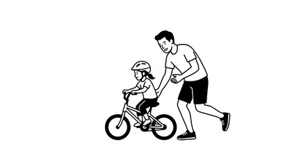 Obraz premium Man helping child ride bicycle.