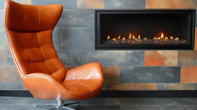 selective focus modern embedded fireplace with clean sharp lines creating elegant minimalist interior