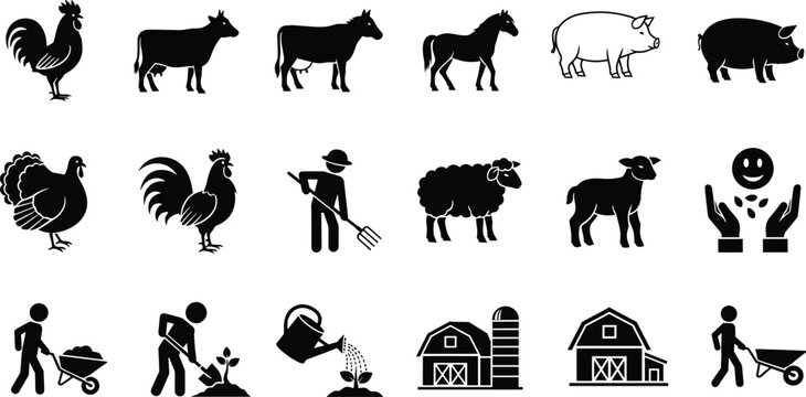 Farming and agriculture silhouettes with livestock, farmers, tools, barns, plants, vector illustration for rural life, food production, and design projects